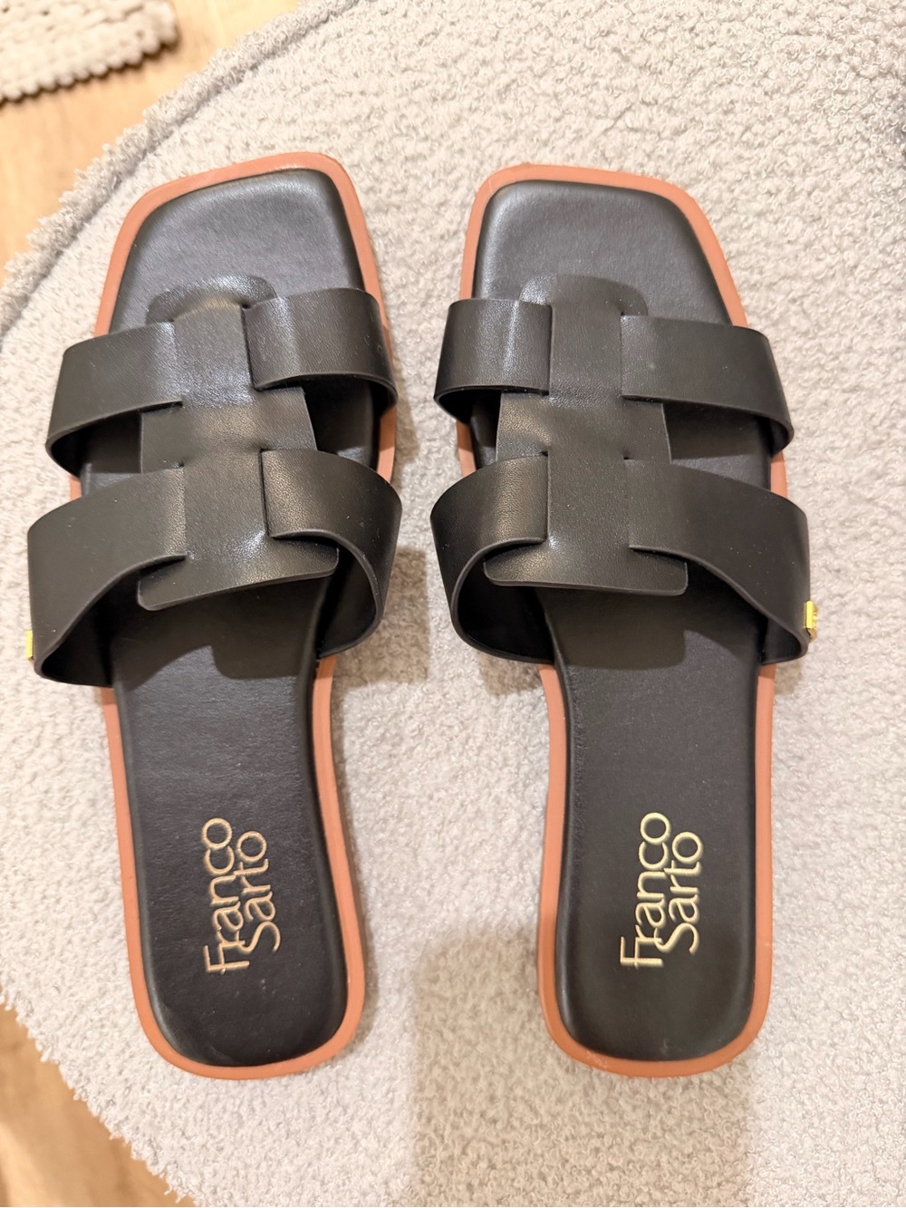 Franco Sarto Black Slide Sandals with Brown Trim